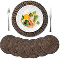 6 Pack, Round Woven Placemats, Natural Water Hyacinth Wicker Place mats, Braided Straw Table Mats for Dining Table, Fall, Halloween, Thanksgiving, Christmas, Black (13.8 inch) by YANGQIHOME