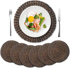 6 Pack, Round Woven Placemats, Natural Water Hyacinth Wicker Place mats, Braided Straw Table Mats for Dining Table, Fall, Halloween, Thanksgiving, Christmas, Black (13.8 inch) by YANGQIHOME