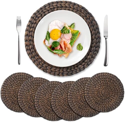 6 Pack, Round Woven Placemats, Natural Water Hyacinth Wicker Place mats, Braided Straw Table Mats for Dining Table, Fall, Halloween, Thanksgiving, Christmas, Black (13.8 inch) by YANGQIHOME