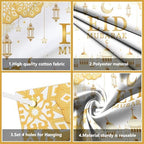AIBIIN Eid Mubarak Backdrop Banner White Gold Themed Party Decorations for Eid Mubarak Ramadan Party Supplies Banner Photo Booth Prop 94.48 x 70.8 Inch - Image 3