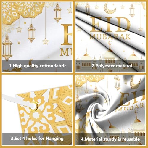 AIBIIN Eid Mubarak Backdrop Banner White Gold Themed Party Decorations for Eid Mubarak Ramadan Party Supplies Banner Photo Booth Prop 94.48 x 70.8 Inch - Image 3