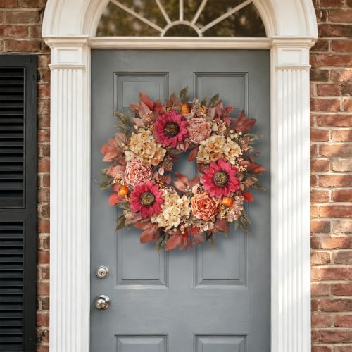 24"Fall Artificial Wreath with Sunflower Peony for Front Door Decor(Orange) - Image 2