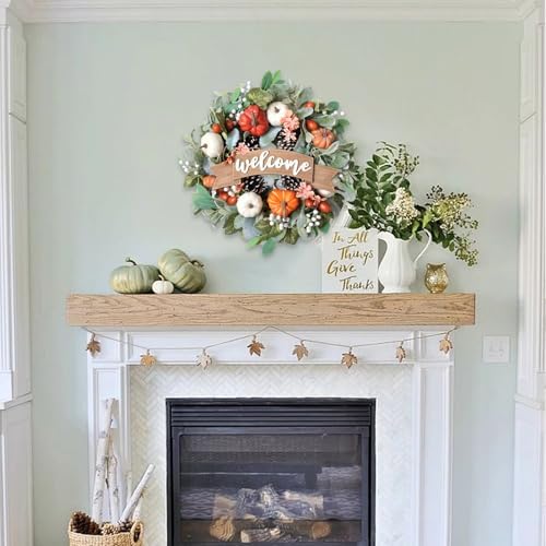 22 Inch Fall Pumpkin Wreath for Front Door with Welcome Wood Sign, White Orange Pumpkin Pinecone Acorn Wreath for Indoor and Outdoor, Autumn Door Decor - Image 4