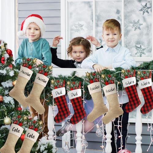 Tatuo 12 Pack Christmas Burlap Stockings Hanging,Light Brown, Red Black - Image 6