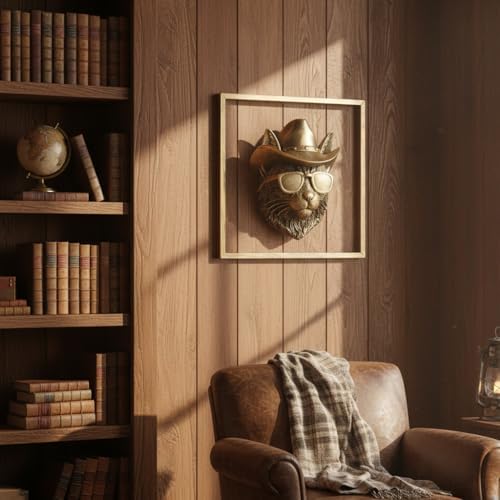 Newinhome Animal Heads Wall Decor (Includes Metal Frame) Resin Animals Sculptures Head Wall Hanging Decoration Gold vintage Wall Sculpture for Living Room Bedroom Office(Bobcat) - Image 4