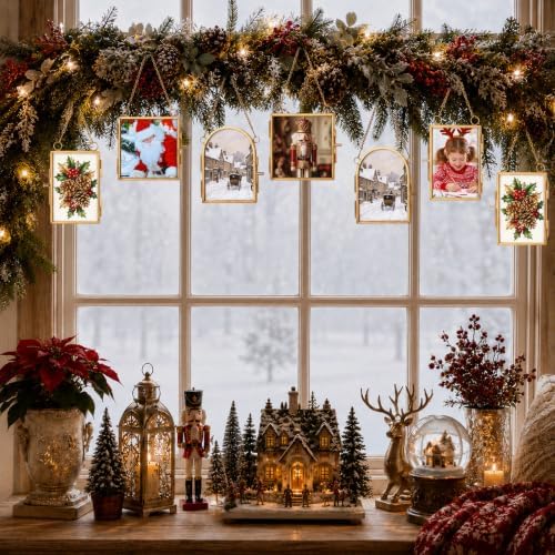 Qunclay 6 Pcs 2x3” 3.2x3.2” 2.5x3.5” Christmas Brass Picture Frame Ornaments Xmas Metal Double Glass Hanging Photo Frame with Metal Chain for Christmas Tree Decorations (Gold, Square, Arch) - Image 5
