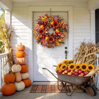 HipTree Handcrafted 24In Fall Wreath Sunflower Pomegranate Front Door Decor - Image 4