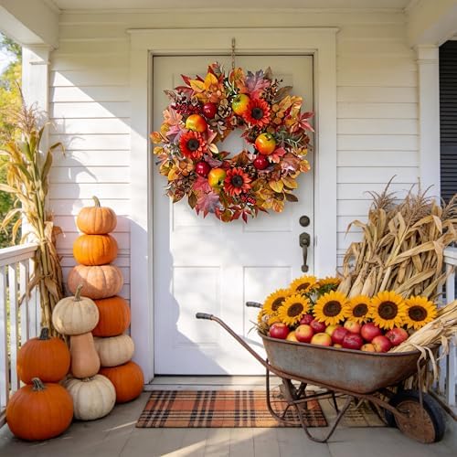 HipTree Handcrafted 24In Fall Wreath Sunflower Pomegranate Front Door Decor - Image 4