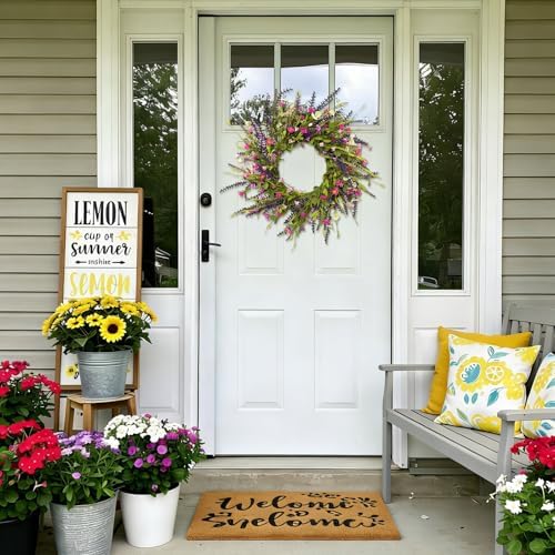 24 Inch Spring Summer Floral Wreath for Front Door, Artificial Colorful Flower Door Wreath with Lavender, Daisies, Eucalyptus & Willow Leaves, Farmhouse Decor for Indoor Outdoor Home, Window, Wedding - Image 2