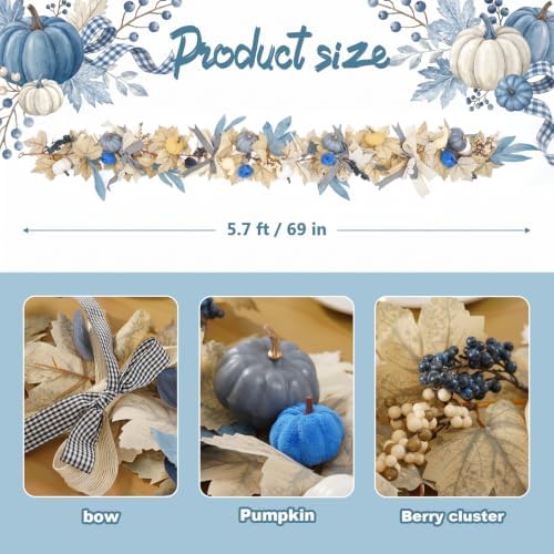GAGEC 1Pcs 5.7FT Blue Fall Garland with Lights Timer Function Artificial Pumpkin Garland with Leaves Bow Without Battery Blue Fall Decor Autumn Vine Decorations for Mantle Fireplace Porch Thanksgiving - Image 3