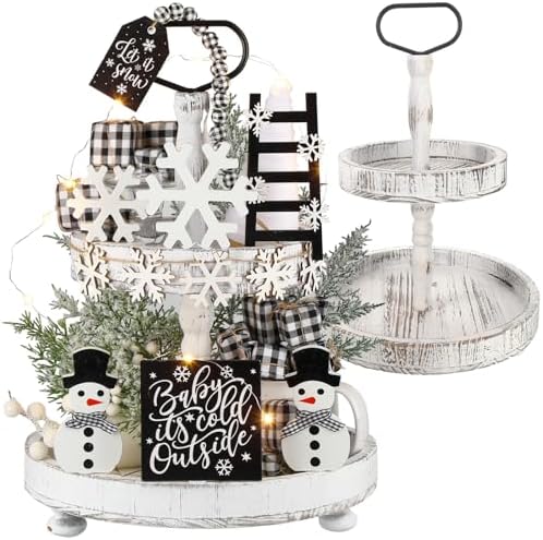 Shellwei 14 Set Winter Tiered Tray Decor with Tray Snowmen Decorations Winter Snowflakes Wood Decor Black and White Rustic Farmhouse Wooden Sign Decoration for Home Tabletop by Shellwei