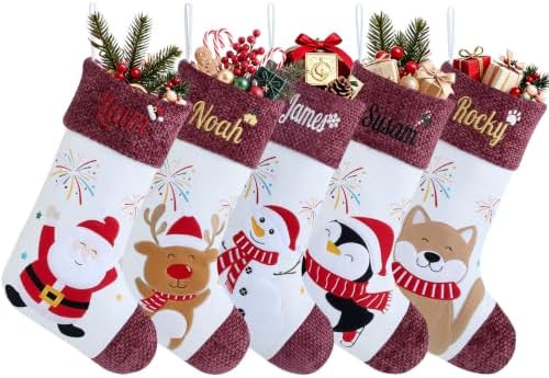 Personalized Christmas Stockings with Name & Monogram,Custom Embroidered Xmas Stocking with Chenille Cuff,Santa,Snowman & Reindeer Stocking for Family & Fireplace Holiday Decor(3 Pack) by Infiher