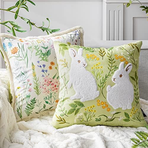 Phantoscope Pack of 2 Happy Easter Throw Pillow Covers - Tassel Trimmed Printed Colorful Flowers and Rabbits Spring Farmhouse Decorative Easter Pillows, Light Green, 18x18 Inches by Phantoscope