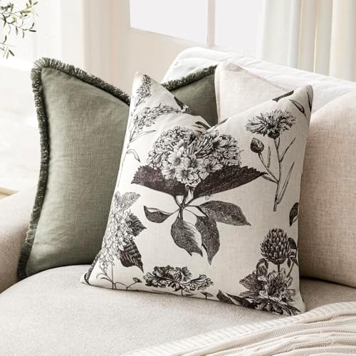Foindtower Set of 2 Linen Floral Vintage Throw Pillow Covers Neutral Accent Print Decorative Cushion Covers Farmhouse Boho Home Decor for Sofa Chair Couch Bedroom Living Room,20×20 Inch,Black - Image 4