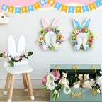 Zeyune 2 Pcs 18.1"x 11.4" Easter Bunny Wreath with Colorful Eggs Artificial Easter Wreath Mixed Flowers Green Leaves Hanging Bunny Shaped with Straw Hat and Bow for Front Door Wall(Bunny Tail) - Image 6
