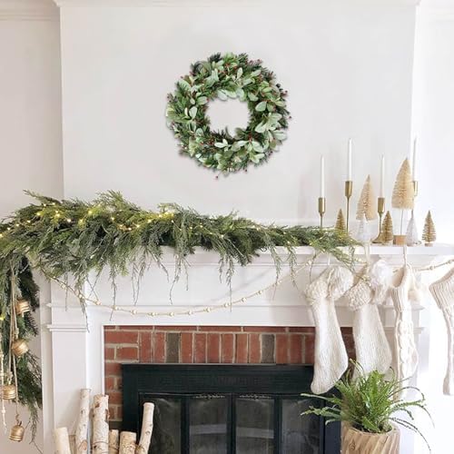 24 Inch Artificial Wreaths for Front Door, Winter Spring Decoration Wreath with Red Berry and Lamb Leaves, Evergreen Natural Wreath for Indoor Outdoor Farmhouse Festival Home Decor - Image 4