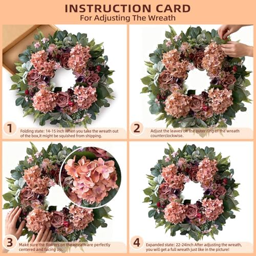 WANNA-CUL 24 Inch Pink Hydrangea Spring Wreath for Front Door - Image 5