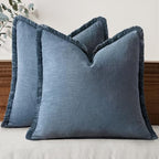 MIULEE Boho Linen Fringe Decorative Throw Pillow Covers Blue Ashes 20x20 by MIULEE