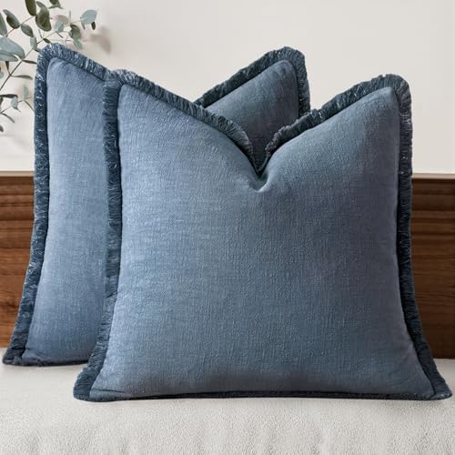 MIULEE Linen Fringe Decorative Euro Throw Pillow Covers Blue Ashes 26x26 by MIULEE