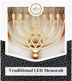 The Dreidel Company Traditional LED Electric Gold Hanukkah Menorah - Large Size 13-Inches Tall Battery or USB Powered - Includes a Micro USB Charging Cable - Image 3