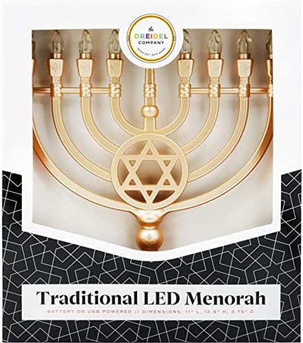 The Dreidel Company Traditional LED Electric Gold Hanukkah Menorah - Large Size 13-Inches Tall Battery or USB Powered - Includes a Micro USB Charging Cable - Image 3