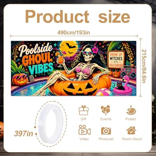 Halloween Garage Door Banner 7x16 FT - Poolside Ghoul Vibes Skeleton gi-rl Cover, Tropical Summerween Pink Flamingo Pumpkin Backdrop Decor for Double Car Garage Door Outdoor Beach Party - Image 2