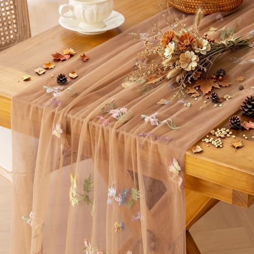 3Pcs Fall Floral Cheesecloth Table Runner, Brown Table Runner 10Ft by Aiimart