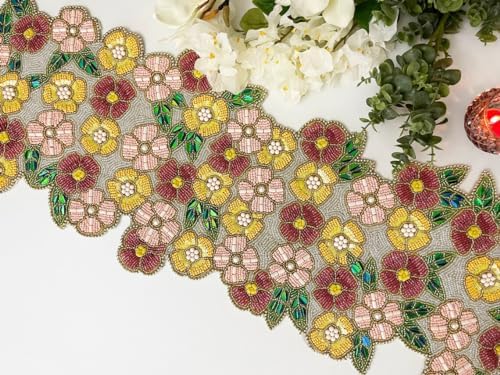 Enliven Handmade Spring Beaded Table Runner, 13x36 Inches Lightweight Decorative Table Runner, Perfect for Dining/Wedding/Party/Everyday Use & Easy to Clean, Elegant Floral Beaded Runner by Enliven