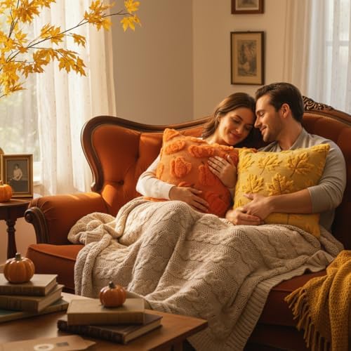 Tiamon 4 Pcs Fall Throw Pillow Covers 18 x 18 Inch Autumn Pillow Cases 3D Embroidered Pumpkin Leaf Plush Fluffy Faux Fur Cushion Covers for Thanksgiving Harvest Decoration Farmhouse Home Sofa Couch - Image 3