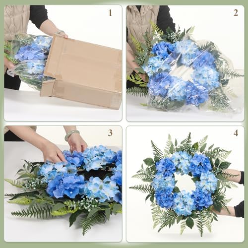 26 Inch Hydrangea Summer Wreaths for Front Door, Blue Hydrangea Wreath Artificial Door Wreaths Spring Summer Decor with Fern Leaves for Indoor Outdoor Home Wall Porch Window or Wedding Decoration - Image 5