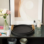 2 Piece Black Round Serving Tray with Handles, Woven-Texture Faux Leather Ottoman Tray for Living Room, Decorative Tray for Coffee Table Home Decor - Image 7