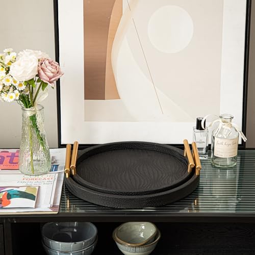 2 Piece Black Round Serving Tray with Handles, Woven-Texture Faux Leather Ottoman Tray for Living Room, Decorative Tray for Coffee Table Home Decor - Image 7