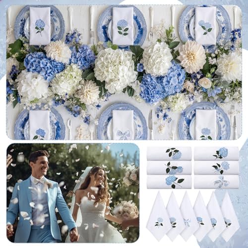 HunnmingRe 12 Pcs Blue Hydrangea Cloth Napkins Bulk 100% Cotton, 17x17inch - Image 3