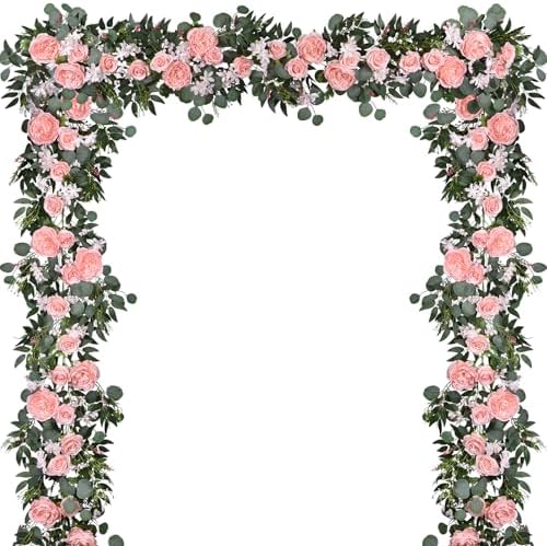 Lvydec 2 Pack Artificial Peony Flower Garland - 6ft Silk Peony Vine Willow Leaves and Eucalyptus Garland White Arch Flower Vine for Wedding Party Table Decoration (Pink) by Lvydec