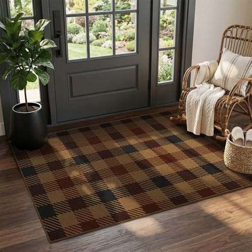 JTJ Easy Jute 3x5 Outdoor Rug, Black & Brown Plaid, Washable by JTJ
