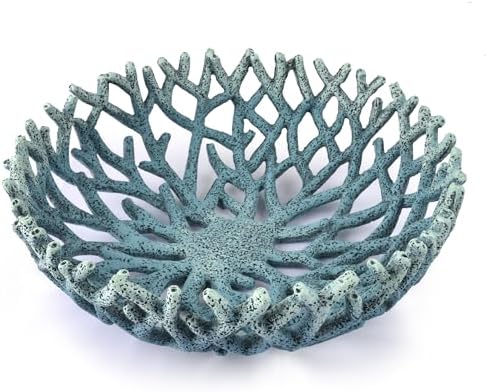 10-Inch Blue Resin Coral Bowl, Handcrafted Hollow Carved Coastal Art Decor by FriyGardcn