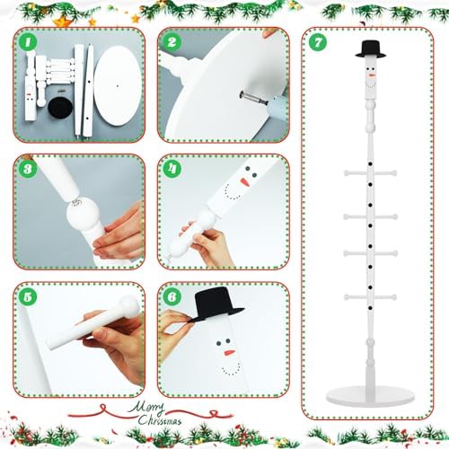 Shellwei 60 Inch Christmas Wooden Freestanding Stocking Holder with Santa Claus Snowman Hat and Hanger Stickers Xmas Stocking Stand with 8 Removable Hooks Floor Holiday Decor(Snowman) - Image 6