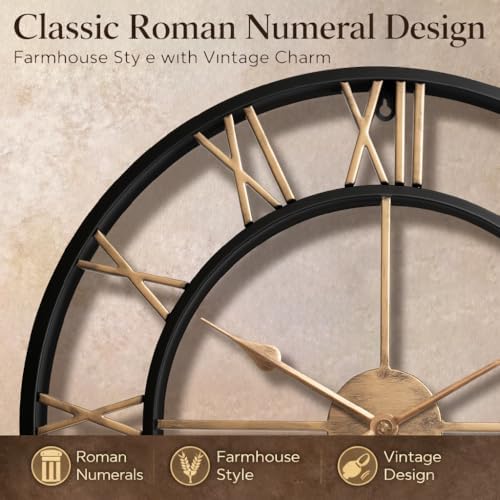 Pytha Sight 24 Inch Large Metal Wall Clock with Vintage Gold Roman Numerals - Image 4