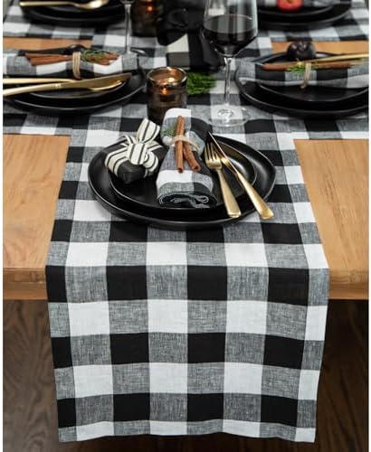 Solino Home 100% Linen Table Runner, 14 x 120 in, Black and White Check by SolinoHome