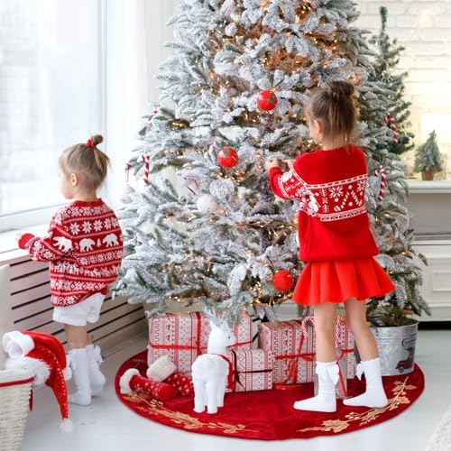 36 Inch Christmas Tree Skirt Velvet Xmas Tree Skirt with Gold Embroidery Holly Leaf Decorations for Christmas Party Favors Holiday New Year Decor(Red) - Image 4