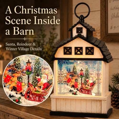 Christmas Snow Globe Lantern, 11 Inch Barn with Santa & Reindeer Harvest - Image 2