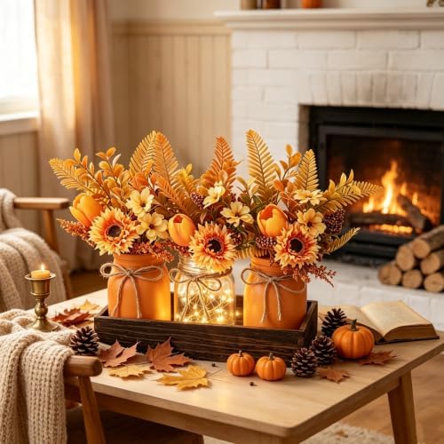 Mason Jar Lights Centerpiece Table Decor-Artificial Sunflowers & Tulips - Image 7