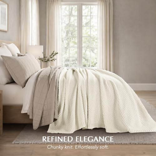 EVERGRACEHOME Chunky Chenille Knit Throw Blanket, 108x92, Ivory White - Image 3