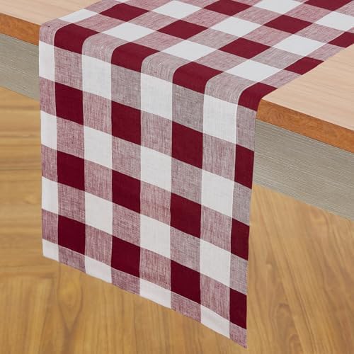 Solino Home 100% Linen Table Runner, 14 x 120 in, Burgundy and White Check - Image 2