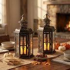 JHY DESIGN Decorative Candle Lanterns Set of 2 10" H Vintage Hanging Lanterns Metal Candleholders for Indoor Outdoor Home Parities and Weddings (Black with Gold Brush) - Image 4