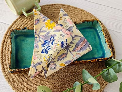 Craftbot Cotton Print Dinner Napkins 18x18 inches - Washable Cloth Napkins Set of 6 - Everyday Use or Dinner Party and Events - Light Yellow Indian Block Printed Fabric - Image 3