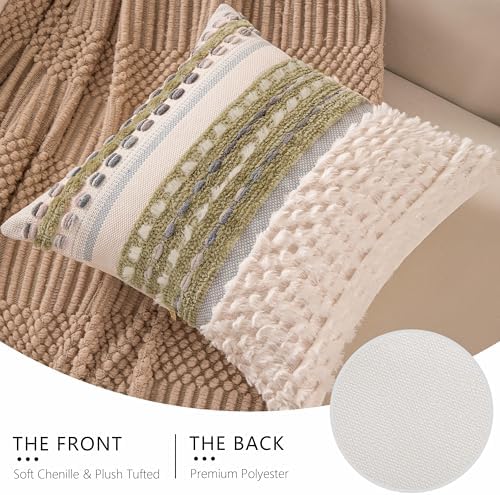 Boho Chenille Tufted Couch Throw Pillow Covers 18x18 Inch Set of 2 Farmhouse Striped Decorative Pillow Covers Accent Neutral Pillowcase Brown Cushion Cover for Living Room Sofa Bed - Image 4