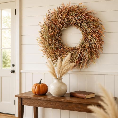 26" Artificial Fall Nandina Wreath for Front Door Decoration (Orange-Green) - Image 4