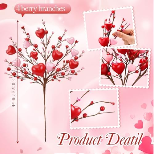 Youyole Heart Vase Set with 4 Red Berry Stems, 6.5" Heart-Shaped Ceramic Vase with Artificial Berry Branches, Romantic Table Centerpiece Decor for Couples, Home, Office & Gift(Pink) - Image 3