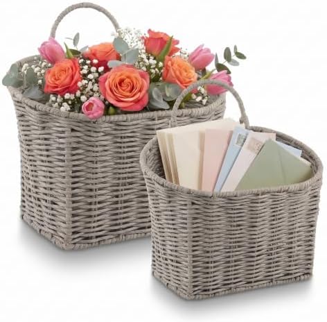 84ECO Set of 2 Grey Woven Paper Rope Hanging Baskets for Organizing, Front Door, Mail, Flowers by 84ECO
